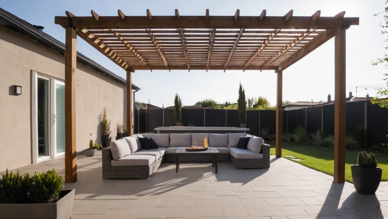 A patio with a wooden pergola, gray sectional sofa, coffee table, and an outdoor fireplace in the background, enclosed by a dark fence.