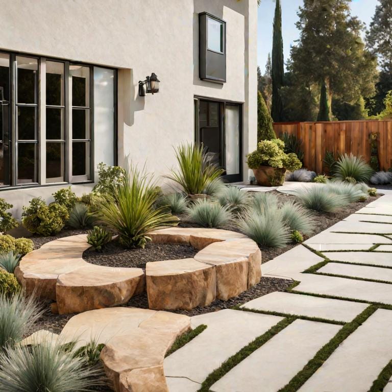 Modern house with landscaped garden featuring stone path and drought-resistant plants.