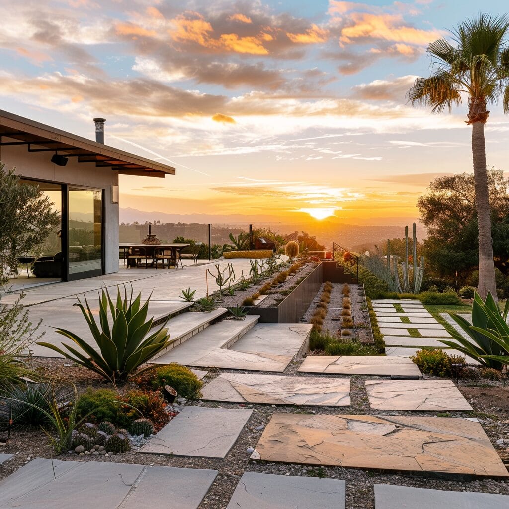 Modern house with large windows at sunset featuring a landscaped garden and a pathway leading to a scenic view.