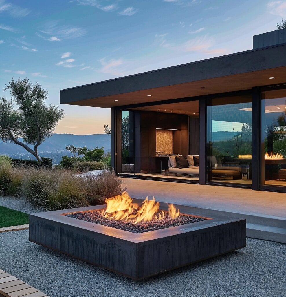 A modern house exterior with large glass windows, a sleek sectional sofa, and a square stone fire pit in front on a patio at dusk, surrounded by landscaping with mountains in the background.