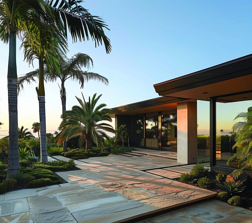 A modern house with large glass windows is surrounded by palm trees and a stone-paved patio, viewed at sunrise or sunset.