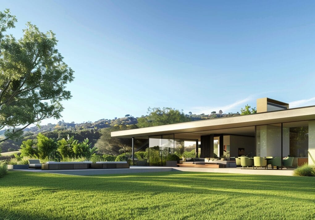 A modern glass-walled house with an open patio and green lawn, surrounded by trees and hills under a clear blue sky.